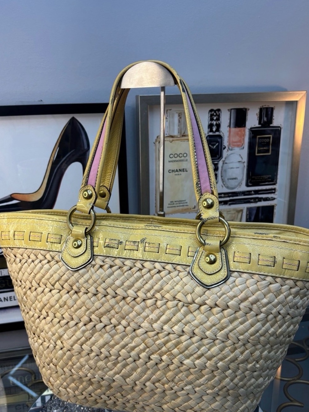 Coach Legacy Yellow Leather  Straw Tote with Pink Floral Applique and Scarf - Picture 5 of 15